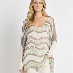 AMANTI Italian Silk Tunic Blouse XL Hand Dye Earth Tone Khaki Ecru Boho Chic 3.0